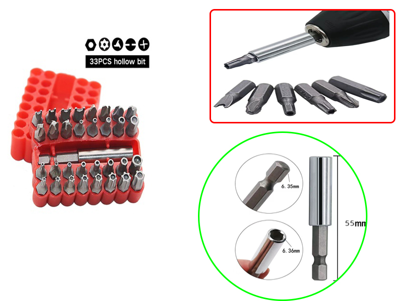 Bộ Mũi Vít 5 Kiểu 33 Đầu Mở Ốc, Vít + Đầu Gắn, Giữ, Có Nam Châm Siêu Mạnh Bộ Mũi Vít 5 Kiểu 33 Đầu Mở Ốc, Vít + Đầu Gắn, Giữ, Có Nam Châm Siêu Mạnh