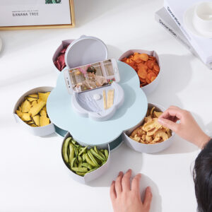 Hộp Đựng Bánh Mứt, Kẹo 5 Cánh Xoay 360 Độ Kèm Giá Đỡ Điện Thoại Hình Bông Mai