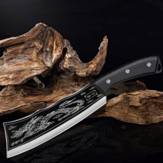 Dao Chặt Thái Hắc Long Chất Liệu Thép Mangan Khắc Laser Họa Tiết Vân Rồng 33cm Kèm Bao Da