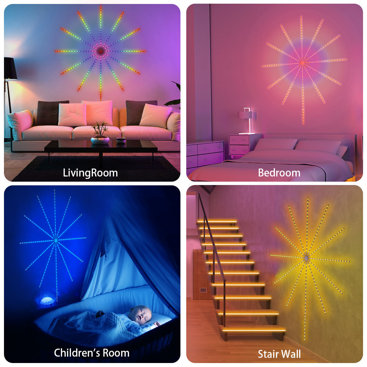 Đèn Led Pháo Hoa Dán Tường 10 Tia 50cm Cảm Biến Âm Thanh Có Remote,Kết Nối Bluetooth