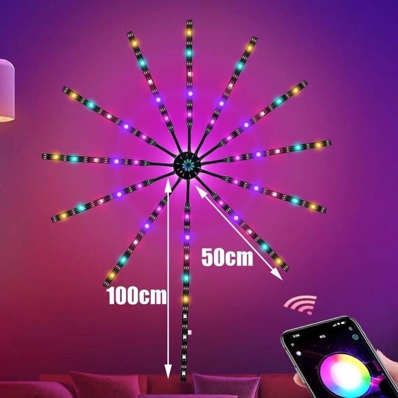 Đèn Led Pháo Hoa Dán Tường 10 Tia 50cm Cảm Biến Âm Thanh Có Remote,Kết Nối Bluetooth