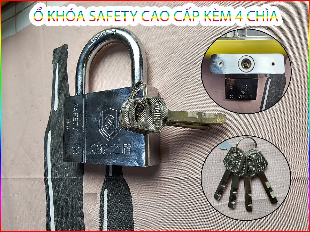 Ổ Khoá Safety Thép Không Gỉ 70Mm Cao Cấp Kèm 4 Chìa Khóa Siêu Bền