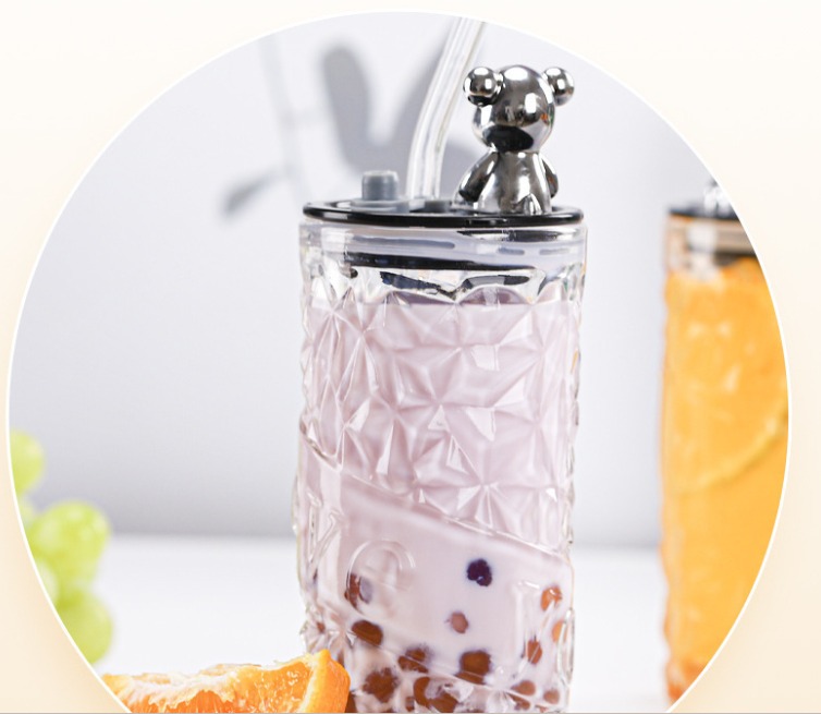 Ly Nước Thủy Tinh Nắp Gấu Kèm Ống Hút Hình Trụ Ly Nước Thủy Tinh Nắp Gấu Kèm Ống Hút Hình Trụ