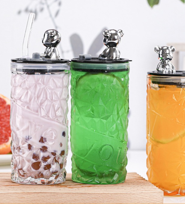 Ly Nước Thủy Tinh Nắp Gấu Kèm Ống Hút Hình Trụ Ly Nước Thủy Tinh Nắp Gấu Kèm Ống Hút Hình Trụ