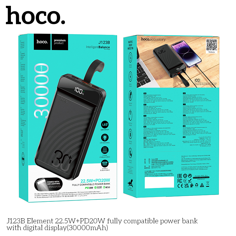 Pin Sạc Dự Phòng J123B Element Màn Hình Kỹ Thuật Số 30000Mah
