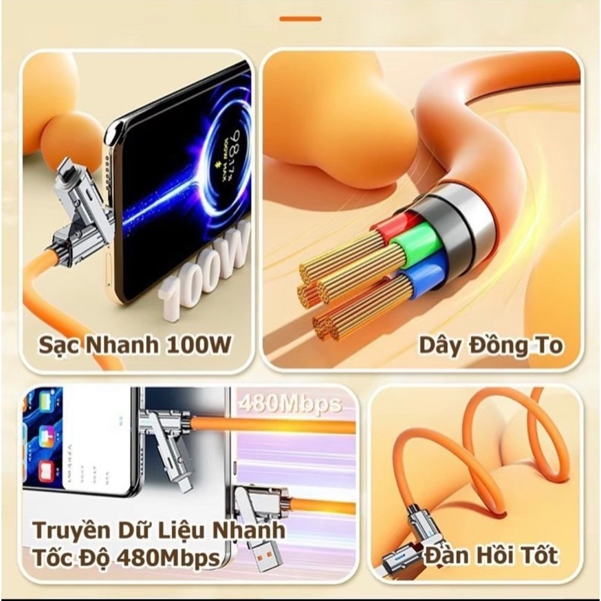 Cáp Sạc Nhanh Pd 60W Cá Mập Bọc Thép 4 In 1 Đa Năng