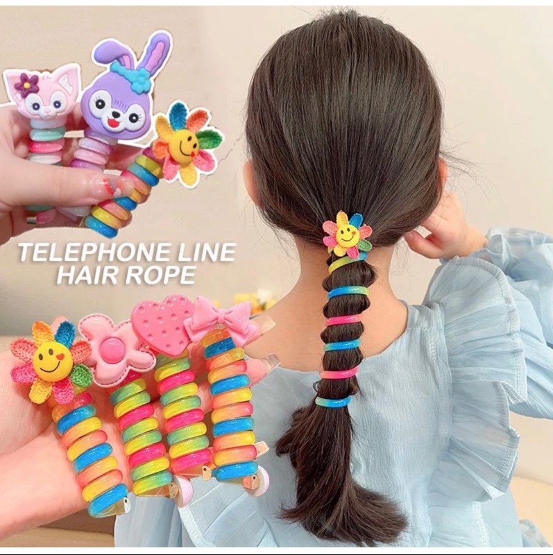 Dây Cột Tóc Dạng Lò Xo Xoắn Tạo Kiểu Màu Cầu Vồng Có Đính Hoa