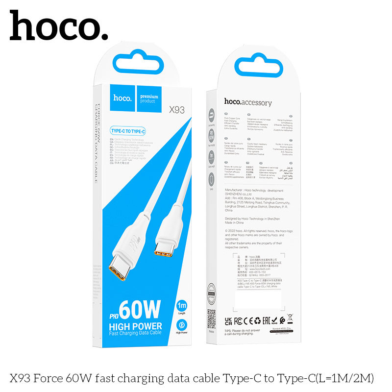 Cáp Sạc Nhanh Hoco X93 Force 60W Type-C Đến Type-C Dây Dài 1M Cáp Sạc Nhanh Hoco X93 Force 60W Type-C Đến Type-C Dây Dài 1M