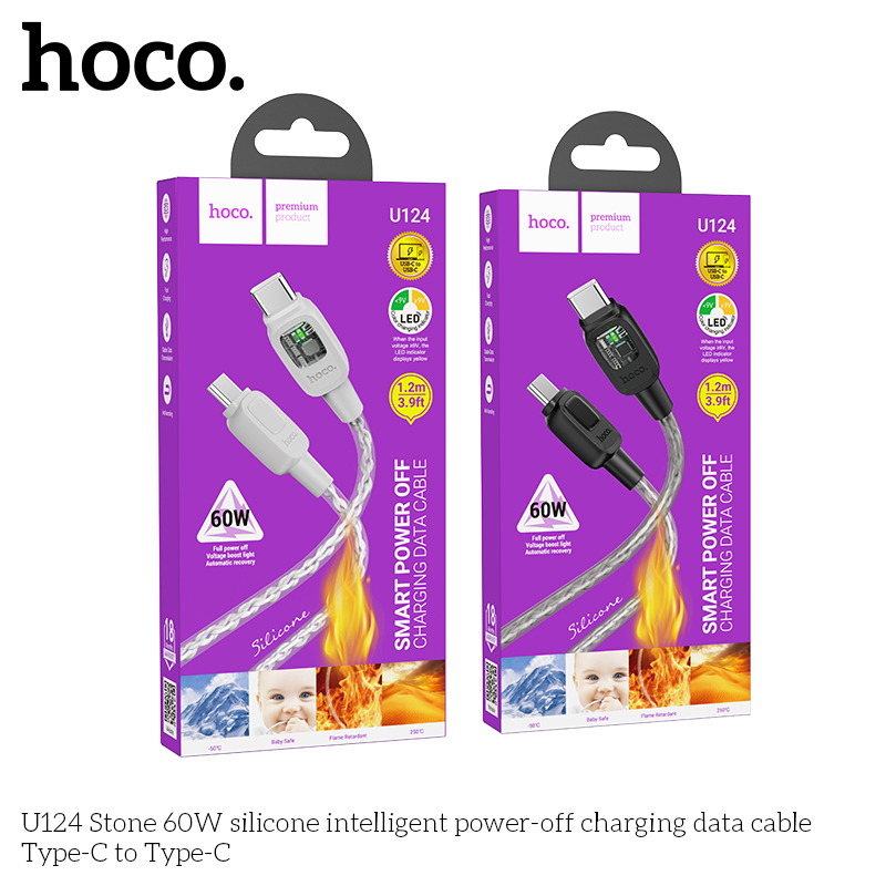 Cáp Dữ Liệu Sạc Tắt Nguồn Thông Minh Silicone Hoco U124 Type C To Type C 60W Cáp Dữ Liệu Sạc Tắt Nguồn Thông Minh Silicone Hoco U124 Type C To Type C 60W