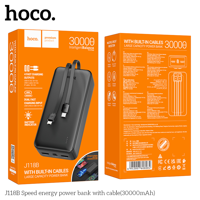 Sạc Dự Phòng Hoco J118B Có Cáp (30000Mah) Sạc Dự Phòng Hoco J118B Có Cáp (30000Mah)