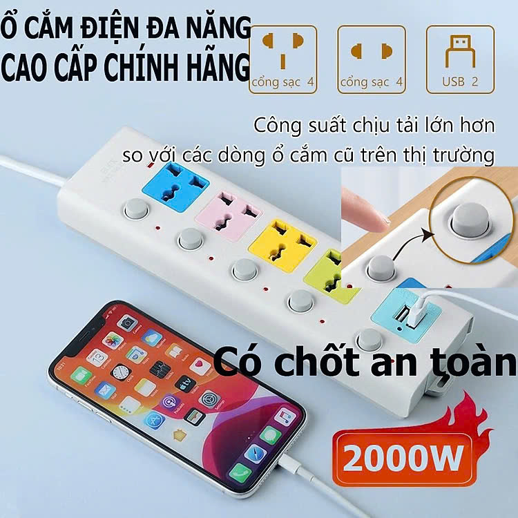 Ổ Điện Đa Năng 4 Ổ Cắm Và 2 Cổng Usb Sạc Với Phích Cắm Điện 3 Mắt Cáp Dây Dài 2M Tiện Dụng Ổ Điện Đa Năng 4 Ổ Cắm Và 2 Cổng Usb Sạc Với Phích Cắm Điện 3 Mắt Cáp Dây Dài 2M Tiện Dụng