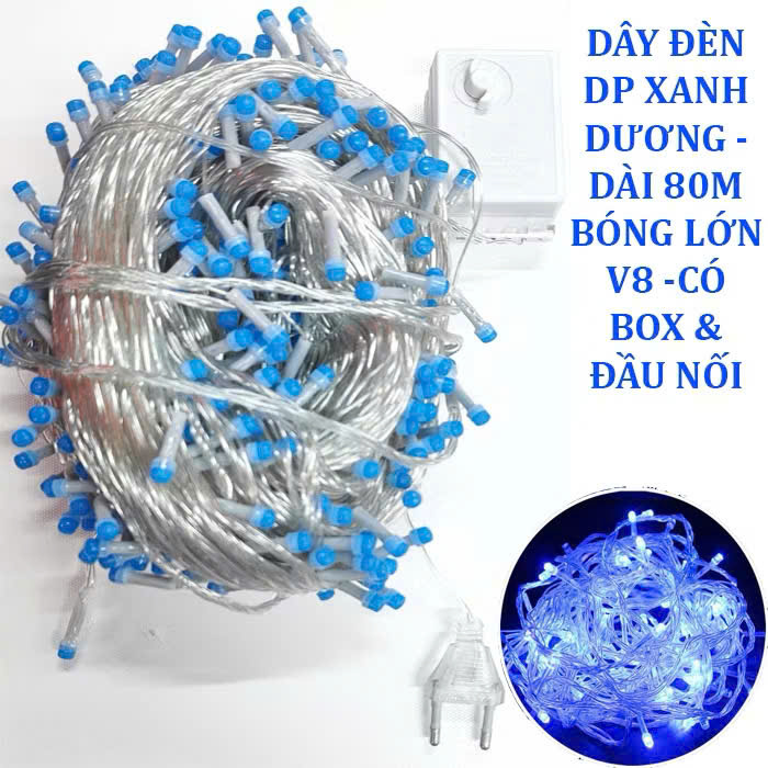 Dây Đèn Dp Xanh Dương Dài 80M Bóng Lớn V8 Có Box & Đầu Nối