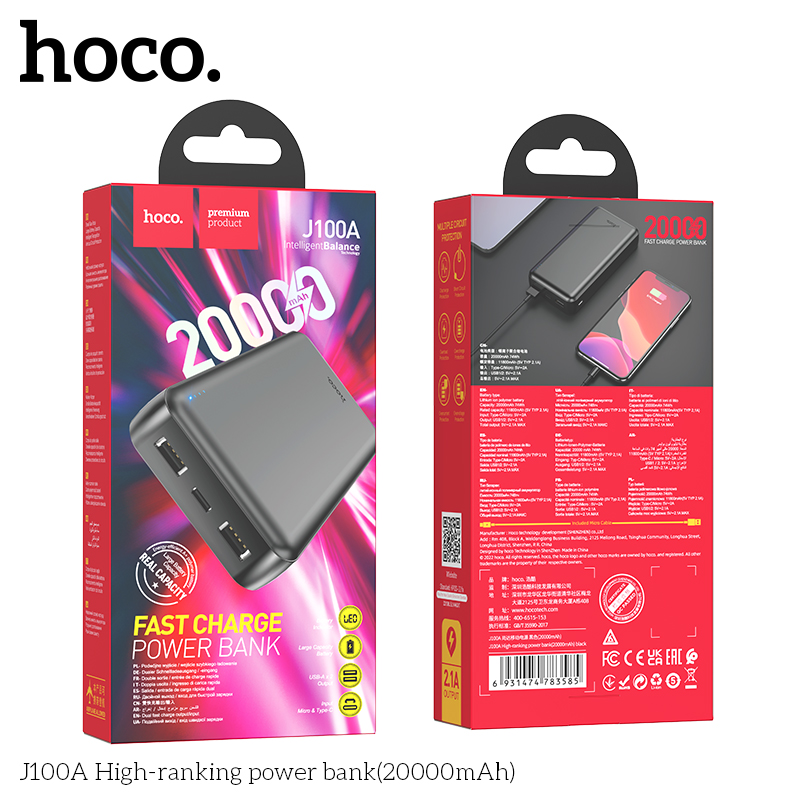 Pin Sạc Dự Phòng Hoco J100A 20000Mah Với 2 Cổng Input 2 Cổng Output Max 2.1A Và Đèn Led Báo Dung Lượng Sạc