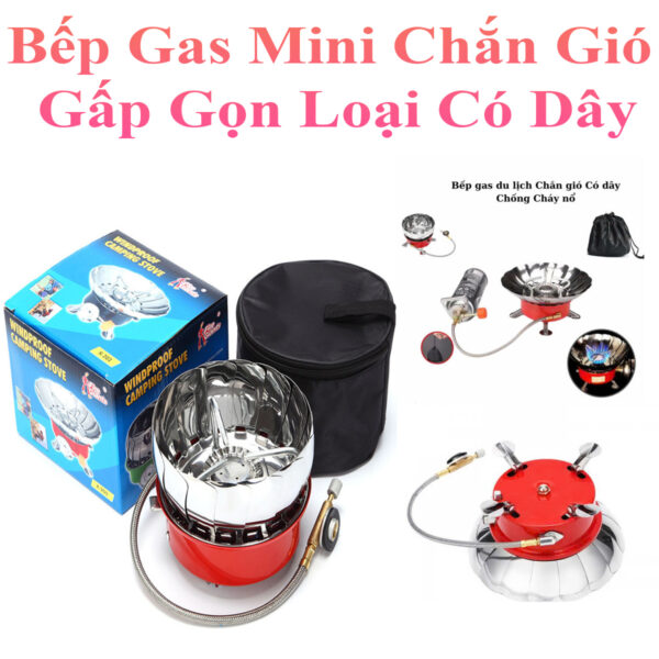 Bếp Gas Mini Du Lịch Xếp Gọn Có Dây Và Vòng Chắn Gió